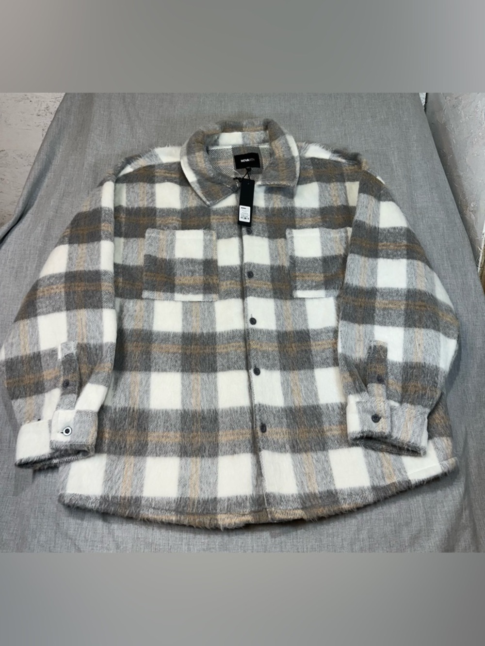 NOVA MEN Move up Plaid Button-Up Shacket in Gray, Cream & Tan Sz 3XL NWT